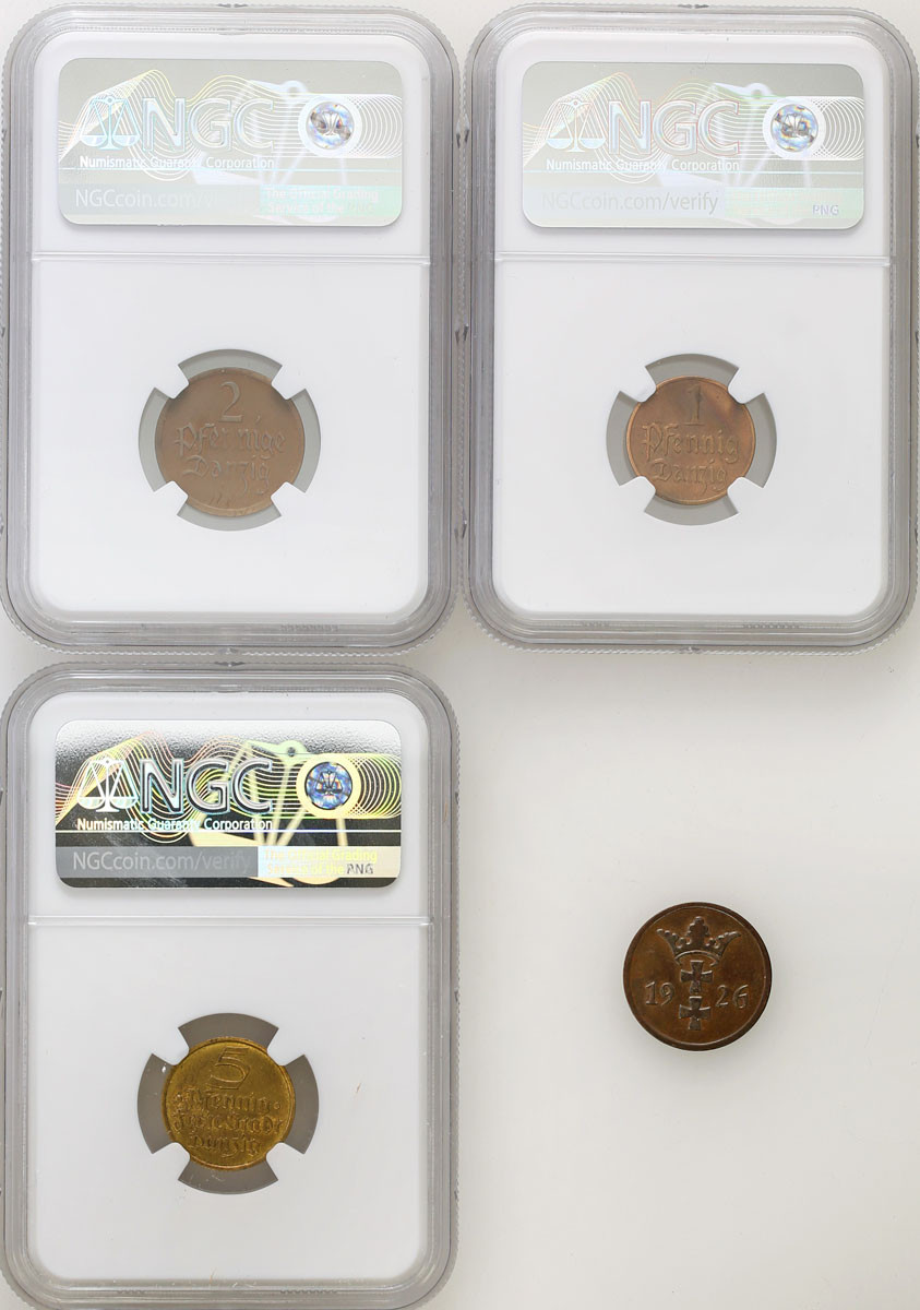 Wolne Miasto Gdańsk/Danzig. 1 fenig 1923, 2 fenigi 1926, 5 fenigów 1932 NGC AU-UNC, zestaw 4 monet